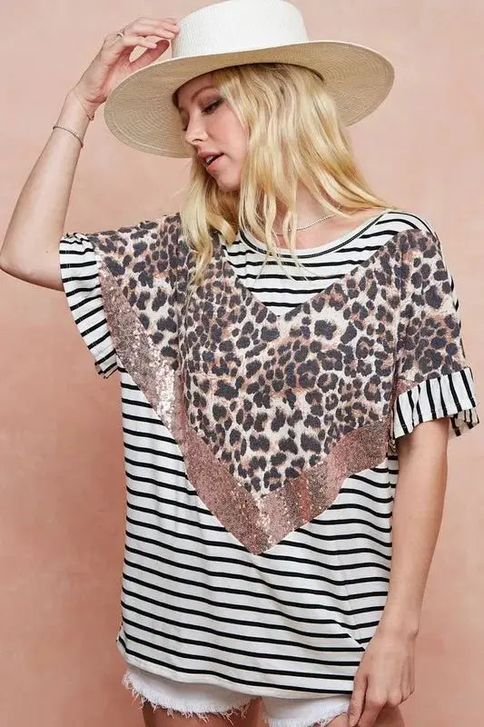BiBi Stripe Rayon Span Knit Color Block Top With Leopard - Love Salve